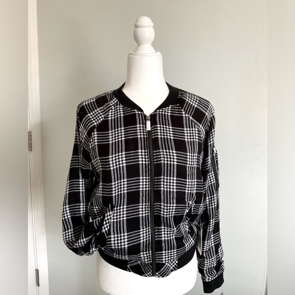 Black and white plaid baseball style jacket, new with tags. Size XS.